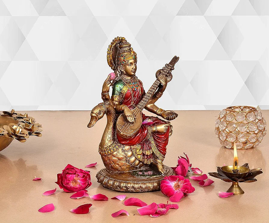 Aona Resin Saraswati Idol Statue for Home Decor On Swan Height | 8.5 Inches Multicolour