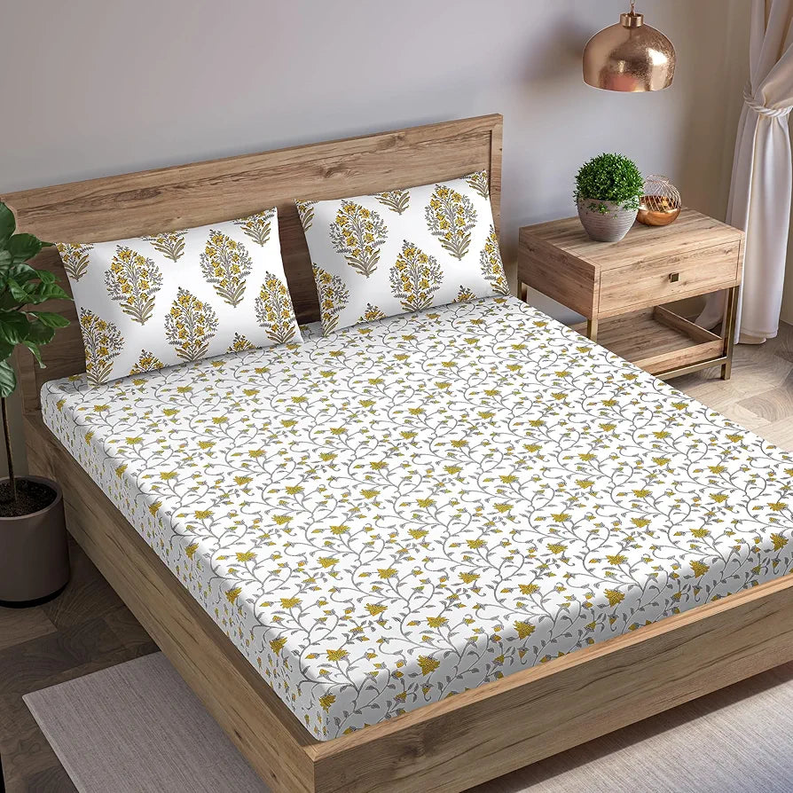 Trance Home Linen 180tc Cotton 78"x72" Standard King Size Elastic Fitted Bedsheet Printed King Bed Size with 2 Pillow Covers Colour Jaal Yellow