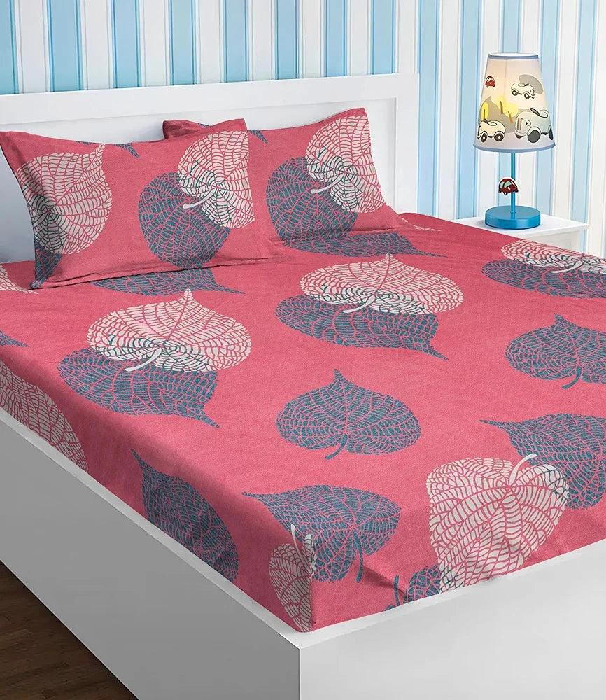 Homekart Premium Cotton Elastic Fitted Bedsheets with 2 King Size Pillow Covers Double Bed Floral Pattren Pink and Grey 200 tc - 220 tc