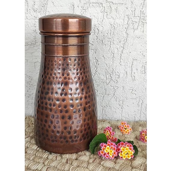 Indian Art Villa Pure Copper Bedroom Water Bottle With Inbuilt Glass Hammered Antique Design - 950 ml