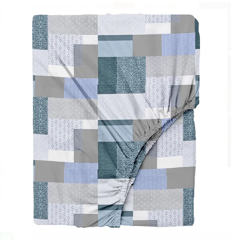 Trance Home Linen 100% Cotton 144TC Elastic Fitted Bedsheet Printed Double Size Bed with 2 Pillow Covers Colour Abstract Green