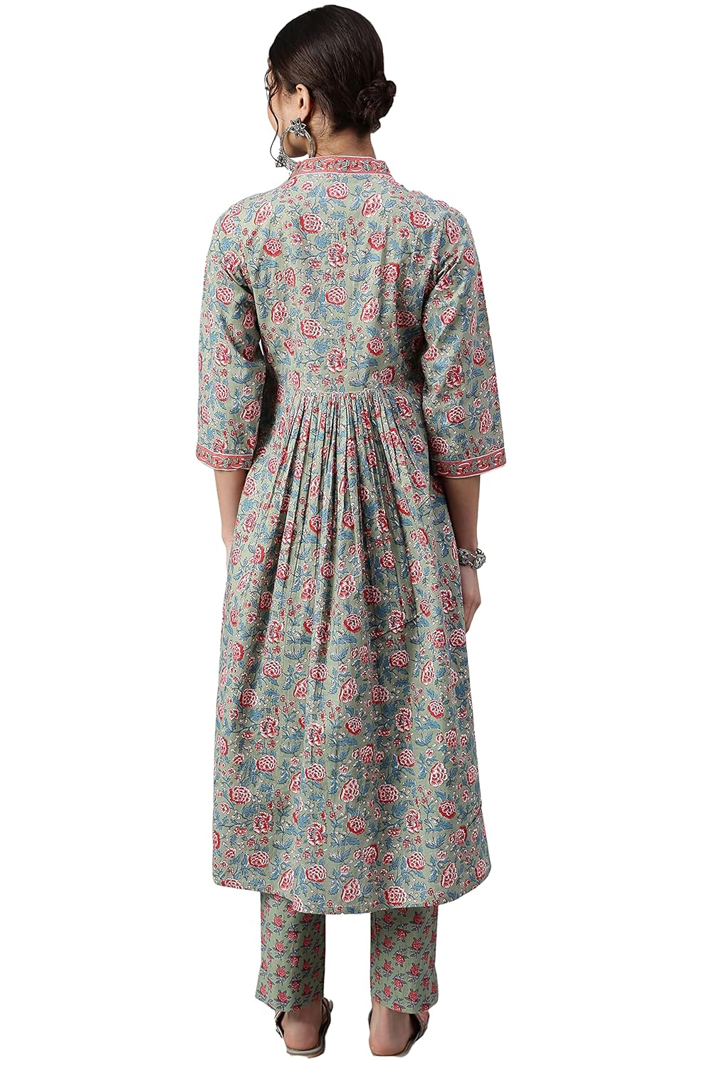 Janasya Women's Sea Green Cotton Floral Print Kurta with Pant
