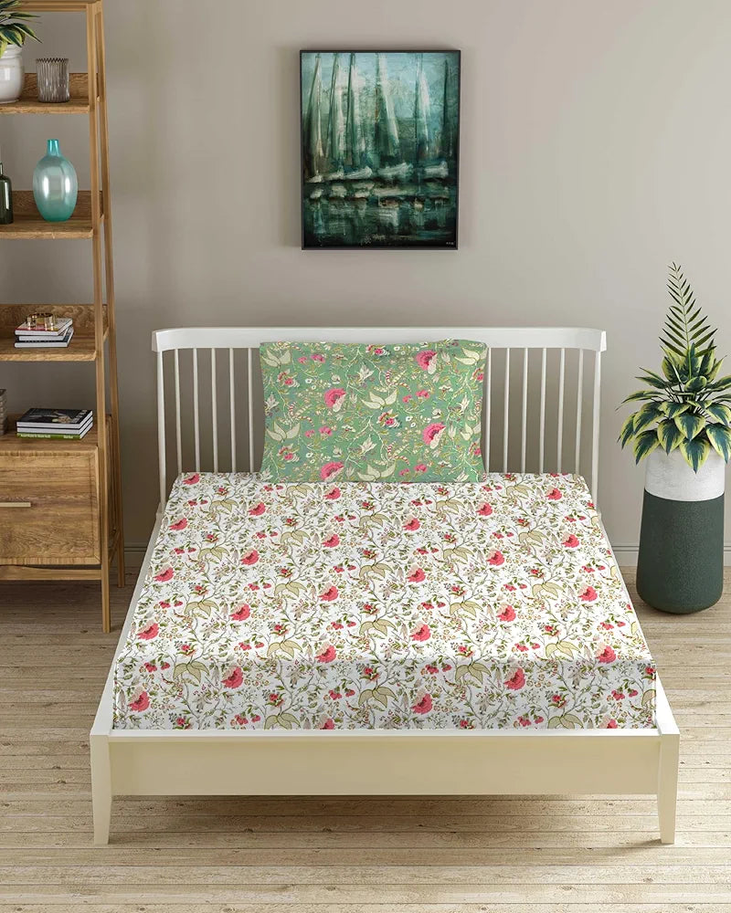 Trance Home Linen 200TC Pure 100% Cotton Printed Fitted Bedsheet with 1 Pillow Cover Calicut Colour White Green