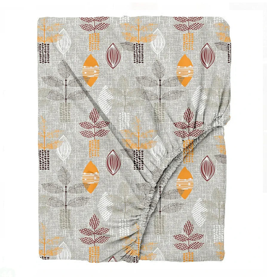 Trance Home Linen Pure 100% Cotton 144TC Printed King Fitted Bedsheet with 2 Pillow Covers Textured Leaves Colour Maroon