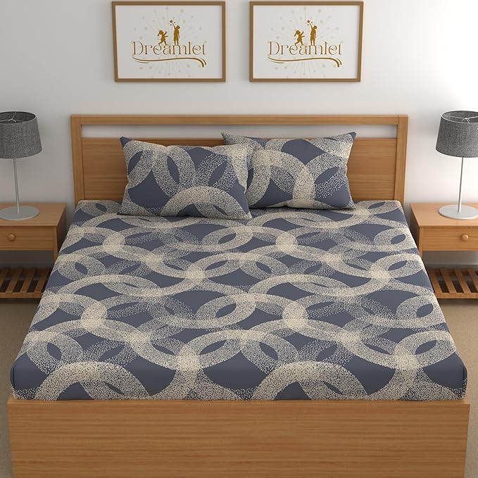 Dreamlet All Around Elastic Supersoft 210tc Premium Cotton Elastic Fitted Bedsheets With 2 King Size Pillow Covers | Denim Blue