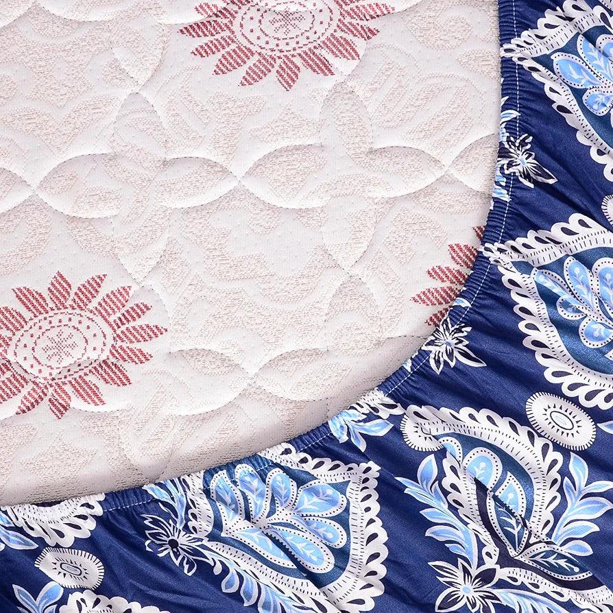 Divine Casa Cotton 100% Cotton Elastic Fitted Printed Queen Size Double Bed Bedsheet with 2 Pillow Cover Colour Baja Blue