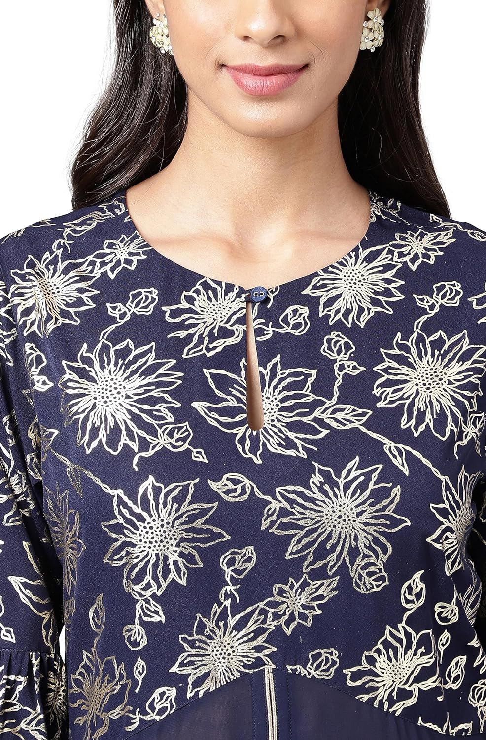 Janasya Women's Navy Blue Georgette Foil Printed A-Line Front Slit Kurta