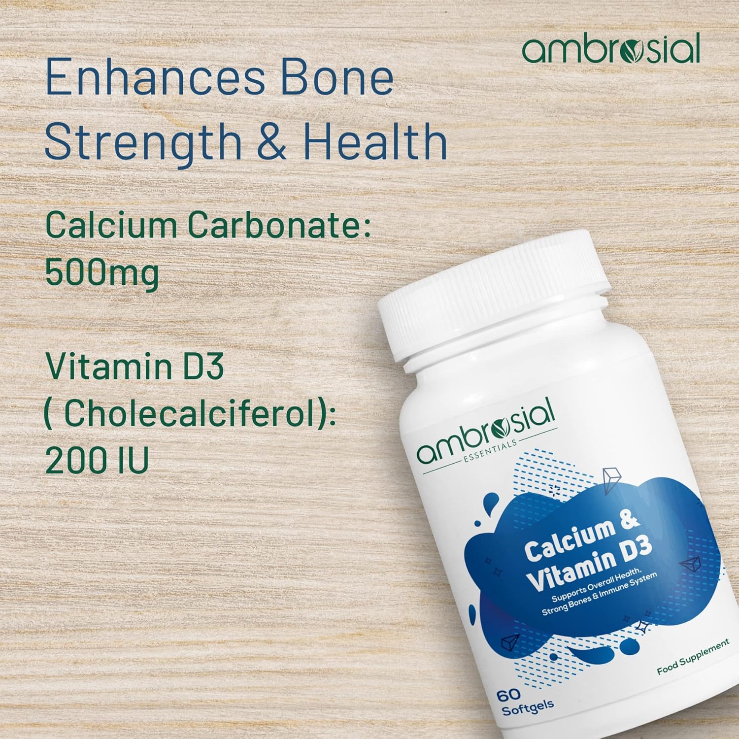 Ambrosial Calcium & Vitamin D3 tablets | High Potency Tablets for Women & Men | Calcium Supplements to Support Healthy Bones, Muscles & Teeths (Pack of 1-60 Softgels)
