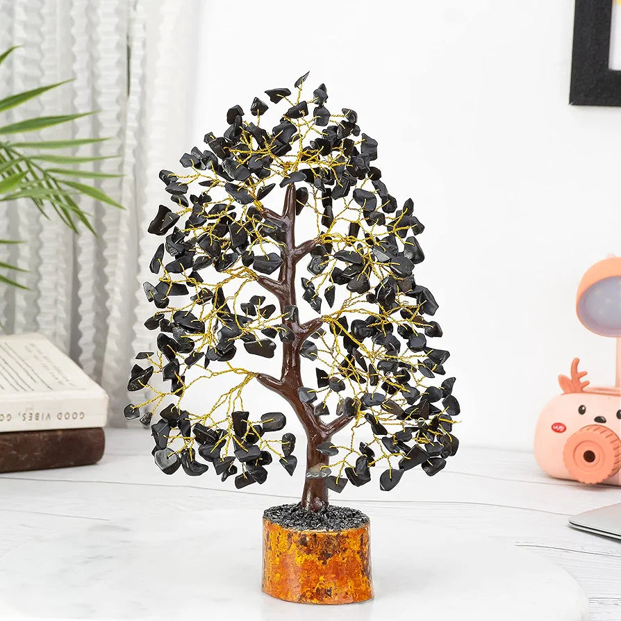 Hindcraft Black Tourmaline Crystal Tree Golden Wire 10-12 inch