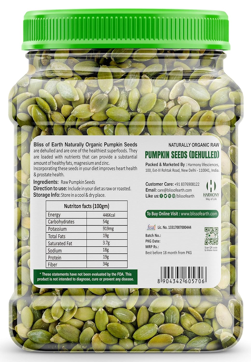 Bliss of Earth Pumpkin Seeds – Dehulled Naturally Organic Superfood for Eating - Rich in Protein & Fiber, Healthy Snack for Salads, Baking & Smoothies - Pumpkin Seed 600gm