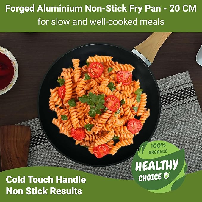 Femora Foged Die Cast Aluminium Non Stick 20 Cm Frypan With Wood Finish Handle | Granite Finish | Induction & Gas Ready