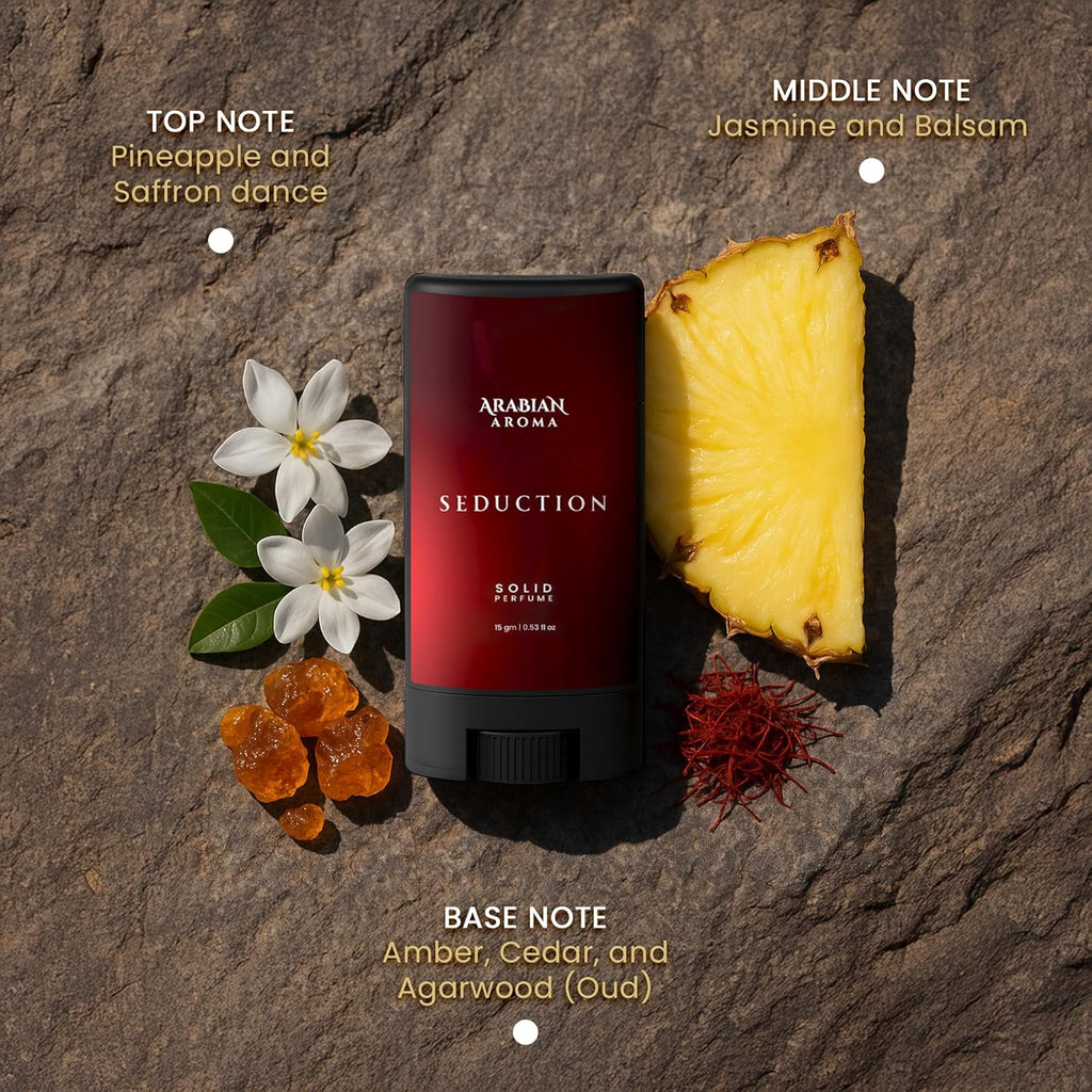 Arabian Aroma Seduction Solid Perfume Stick 15g | Long Lasting Unisex Pocket Perfume | Pineapple, Saffron, Jasmine, Oud & Amber Fragrance