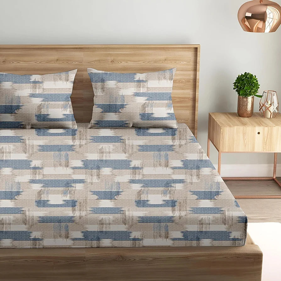 Trance Home Linen 100% Cotton 180 TC Bedsheet Queen Size Printed Fitted Bedspread with 2 Pillow Covers Colour Echo Blue