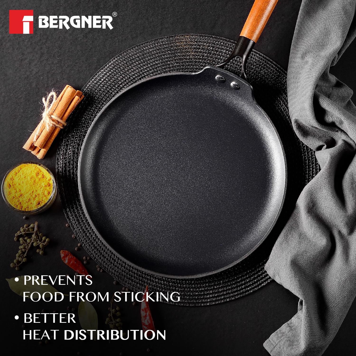 Bergner Odin 28 Cm Cast Iron Dosa Tawa With Wooden Coated Handle