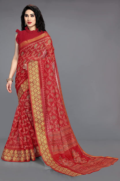 Mirchi Fashion Women's Red Cotton Blend Kalamkari Printed Saree