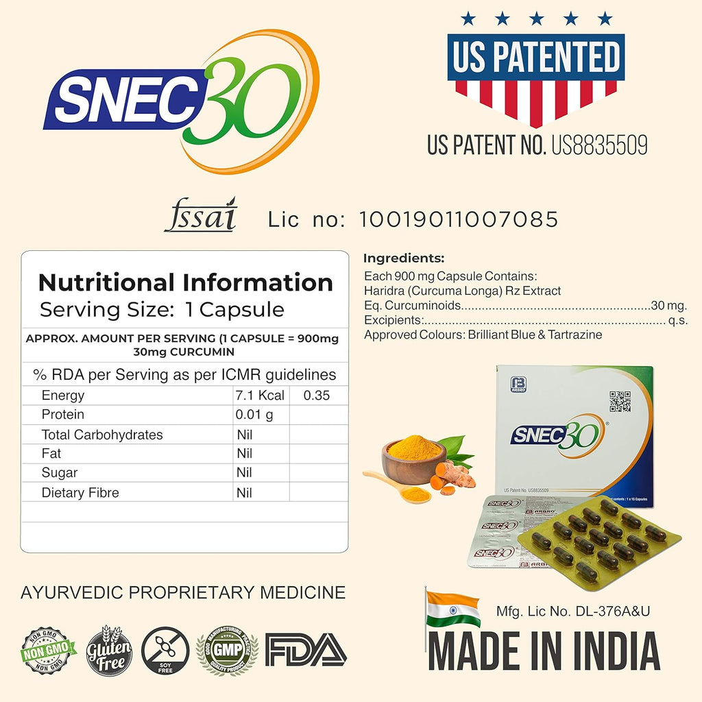 Snec30 Liquid Ayurvedic Curcumin Capsules 900 Mg 60 Caps | No Piperine | Self Dissolving Turmeric