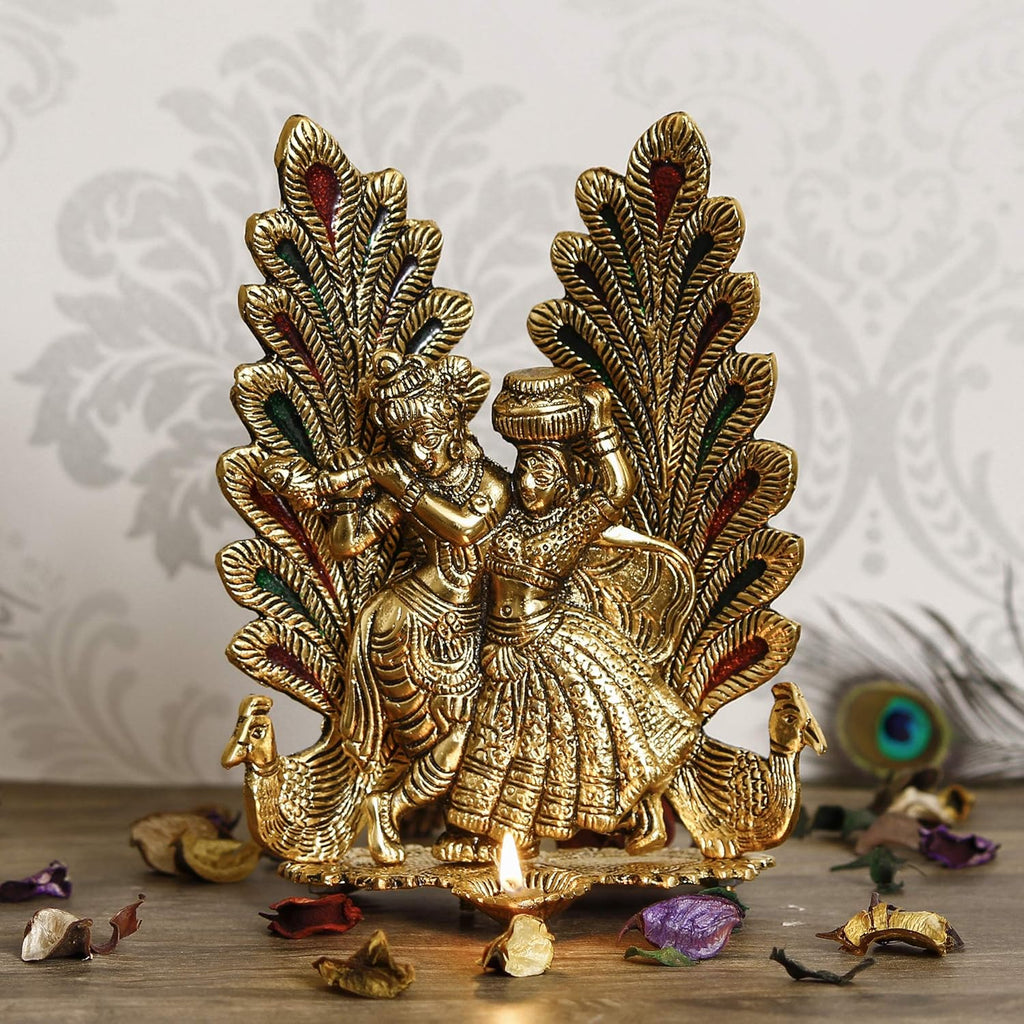 Ecraftindia Decorative Golden Metal Radha Krishna Idol With Diya Decorative Showpiece