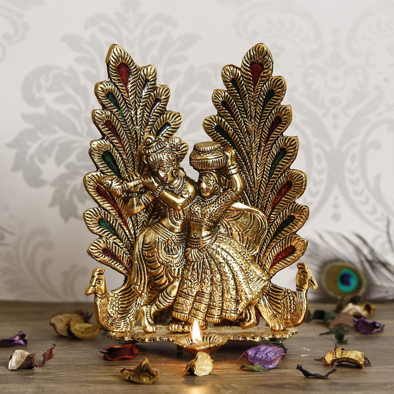 Ecraftindia Decorative Golden Metal Radha Krishna Idol With Diya Decorative Showpiece