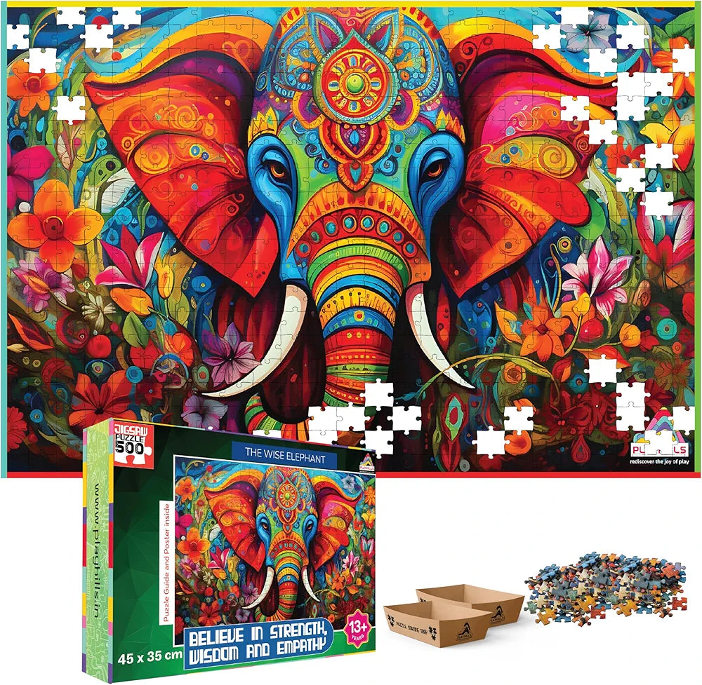 Playhills Wise Elephant Wooden Jigsaw Puzzle 500 Pieces for Adults & Teens  Fun, Durable Jigsaw with Sorting Trays & Poster