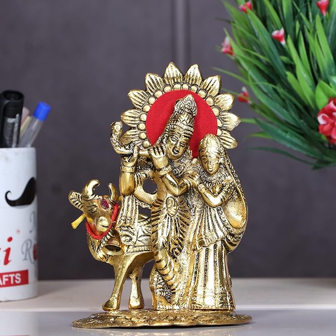 KridayKraft Metal Radha Krishna Standing with Cow Statue for Decorative Home office and Gifts