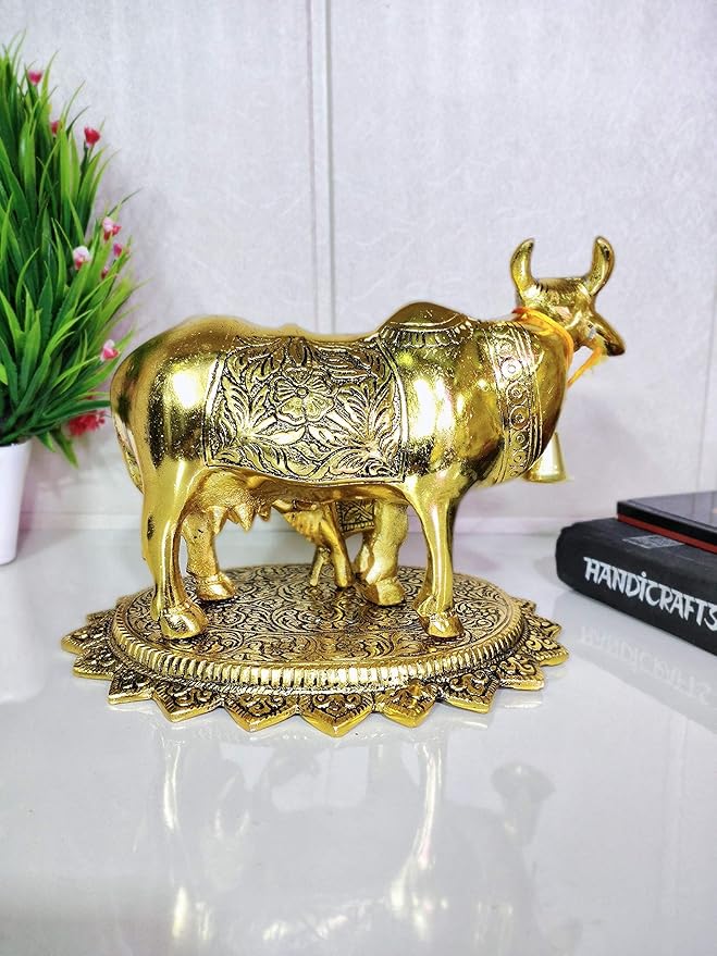 Prince Home Decor & Gifts Metal Kamdhenu Cow with Calf Statue Standard Gold 1 Piece