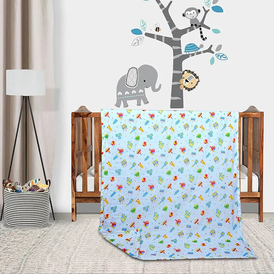 Trance Home Linen Pure Malmal Cotton Multipurpose Baby Dohar 3-Layered Baby Swaddle Blanket Alphabets with Colour Dolls