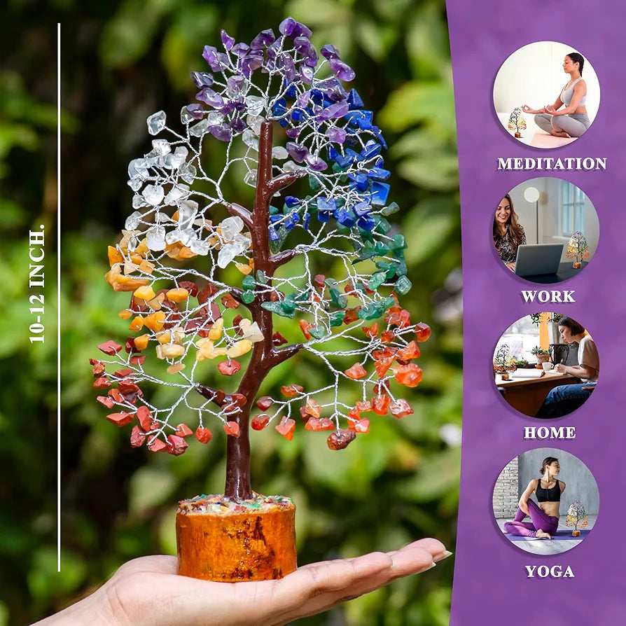 HindCraft Seven Chakra Crystal Tree Silver Wire 10-12 inch