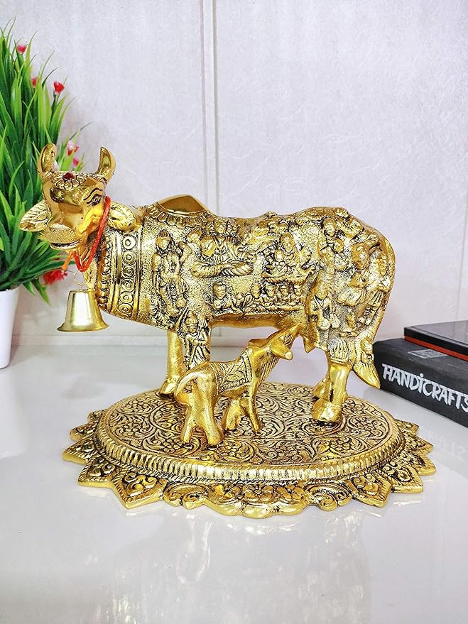 Prince Home Decor & Gifts Metal Kamdhenu Cow with Calf Statue Standard Gold 1 Piece