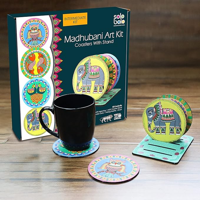Solobolo Madhubani Painting Kit Tea Coasters With Stand | Art and Craft Coaster Diy Craft Kit | Painting Kit for Kids 6-12