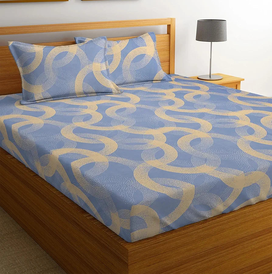 Homekart Cotton Elastic Fitted Printed Bedsheets with 2 King Size Pillow Covers Double Bed Weaves Print Silver and Beige - 220 tc