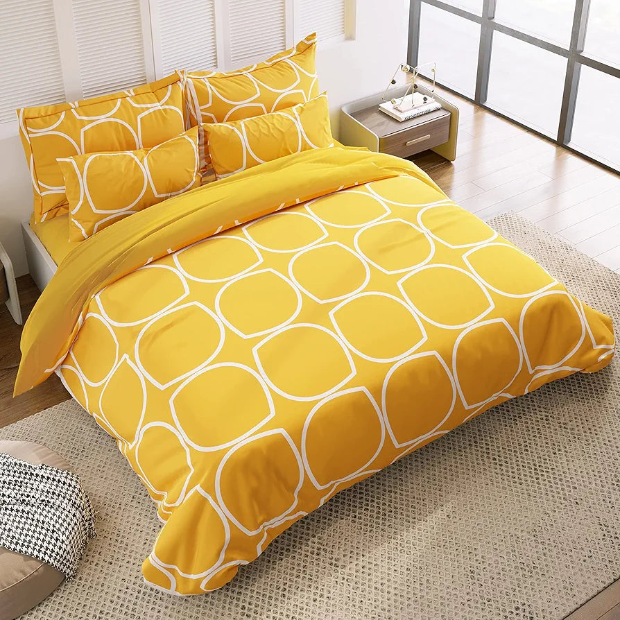 The Home Style 400 TC Supersoft Cotton Feel Glace Cotton Elastic Fitted Printed Queen Size Double Bed Bedsheet wih 2 Pillow Cover Cadet Yellow