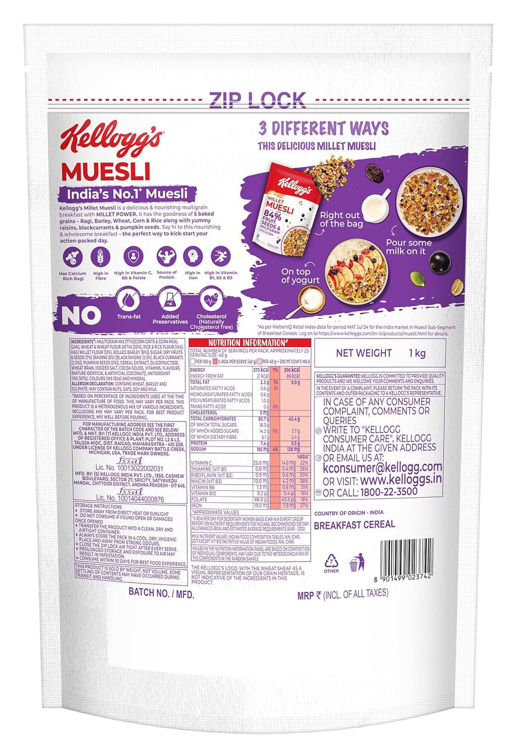 Kellogg's Millet Muesli with 84% Fruit, Seed & Multigrain| Power Breakfast | No Maida No Palm Oil | India's No 1 Muesli | 1000g