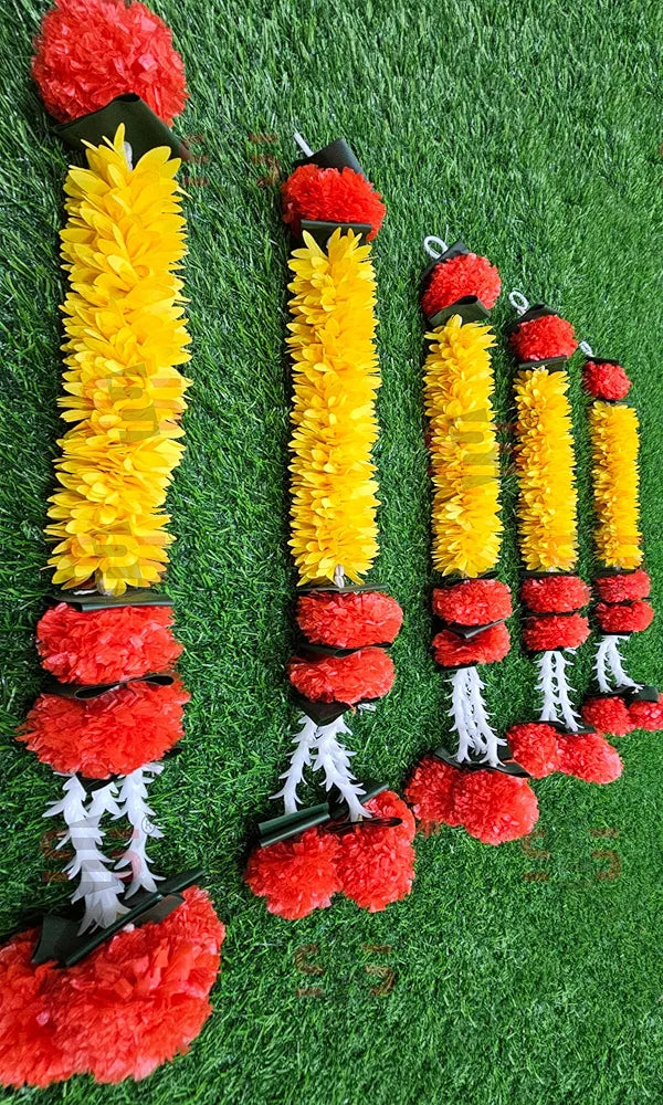 Artificial Gajra Jasmine Marigold Flower Strings Yellow Gajra with Red Flowers