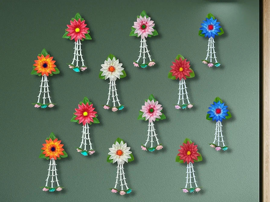 Plastic Artificial Flowers And Leaves Decoration Pack of 12 - Multicolour Flowers