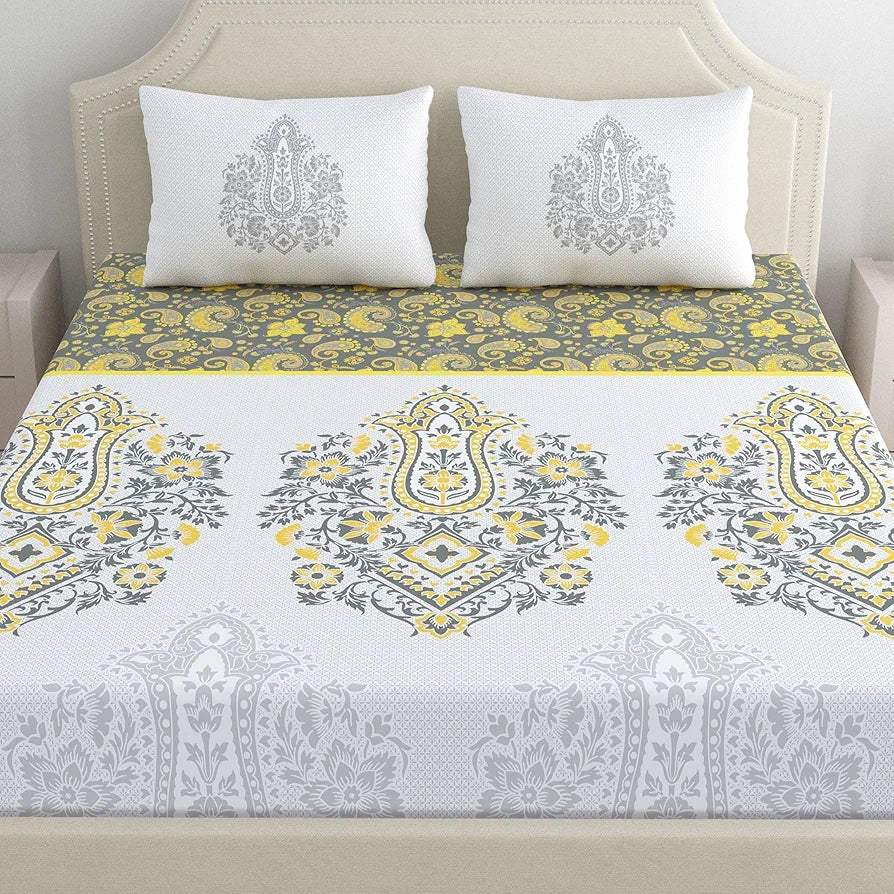 Dreamscape Cotton Double Printed Bedsheet with 2 Pillow Covers Pewter Grey