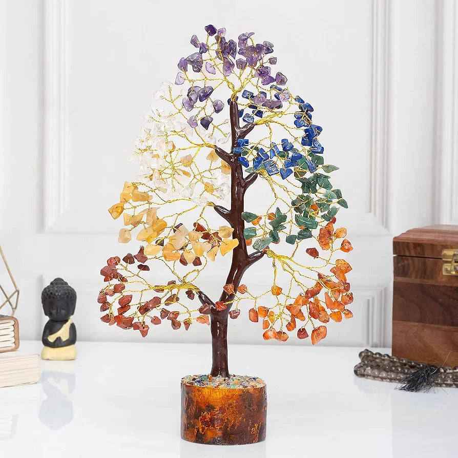 Zaicus Seven Chakra Crystal Tree of Life Stone Fortune Feng Shui Bonsai Golden Wire 10-12 Inch