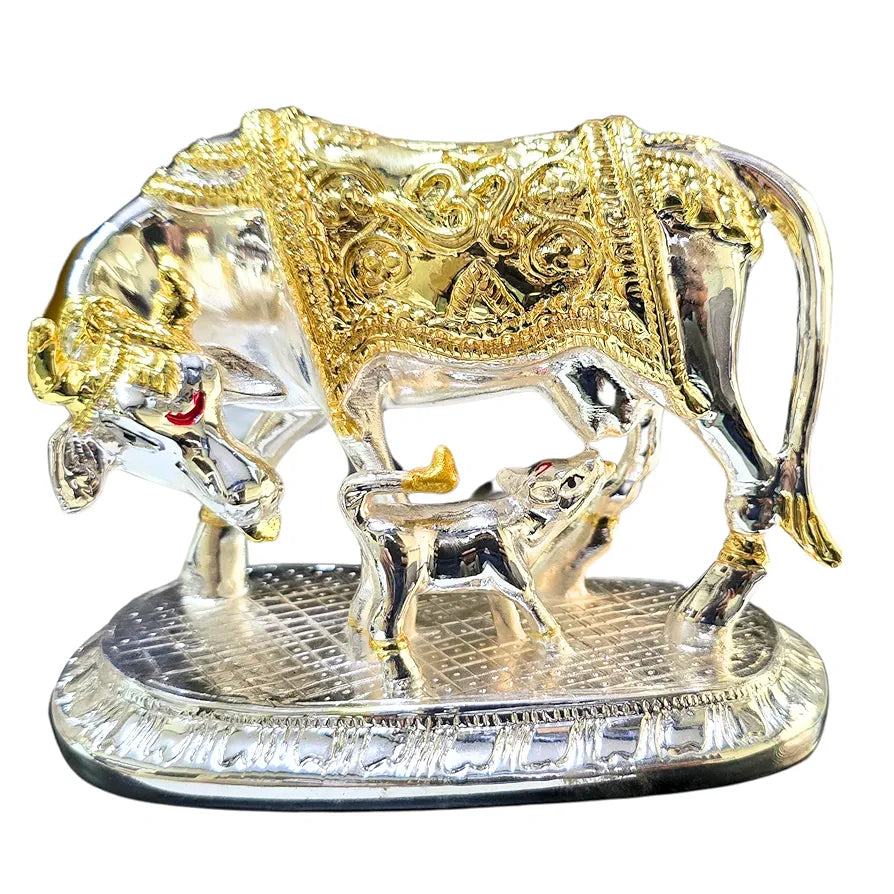 Gold Art India Om Kamdhenu Cow with Calf for Gold & Silver Plated - 4 inch