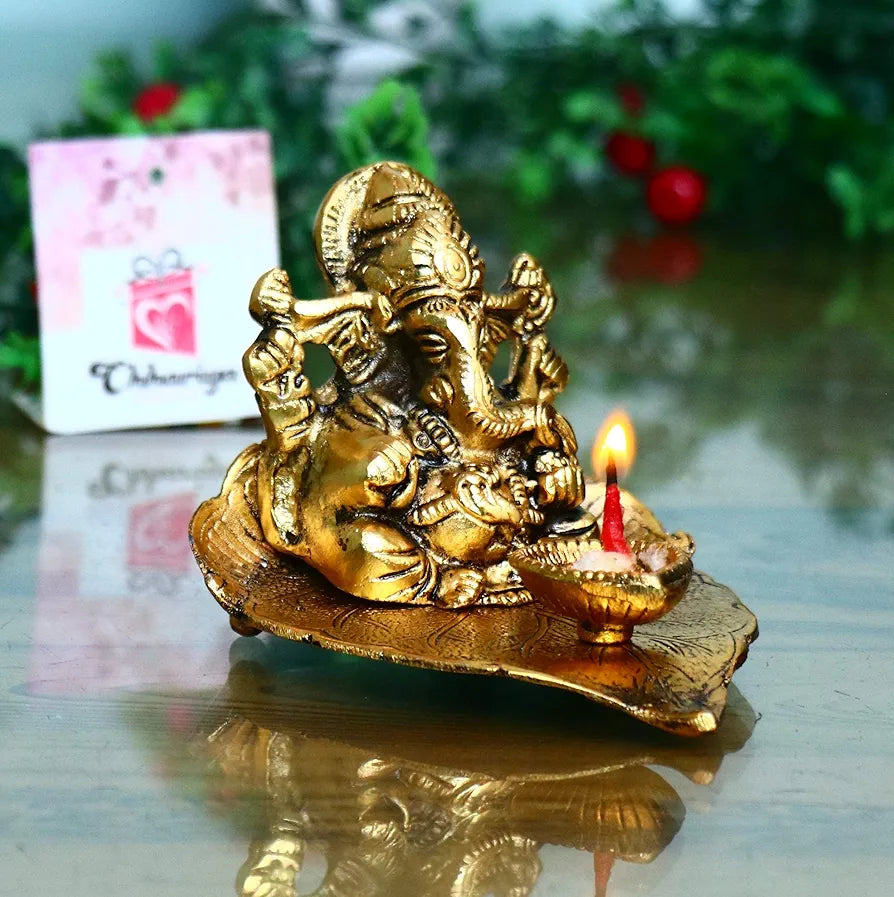 Chhariya Crafts Metal Ganesh Idol with Diya Deepak Showpiece - 8 cm