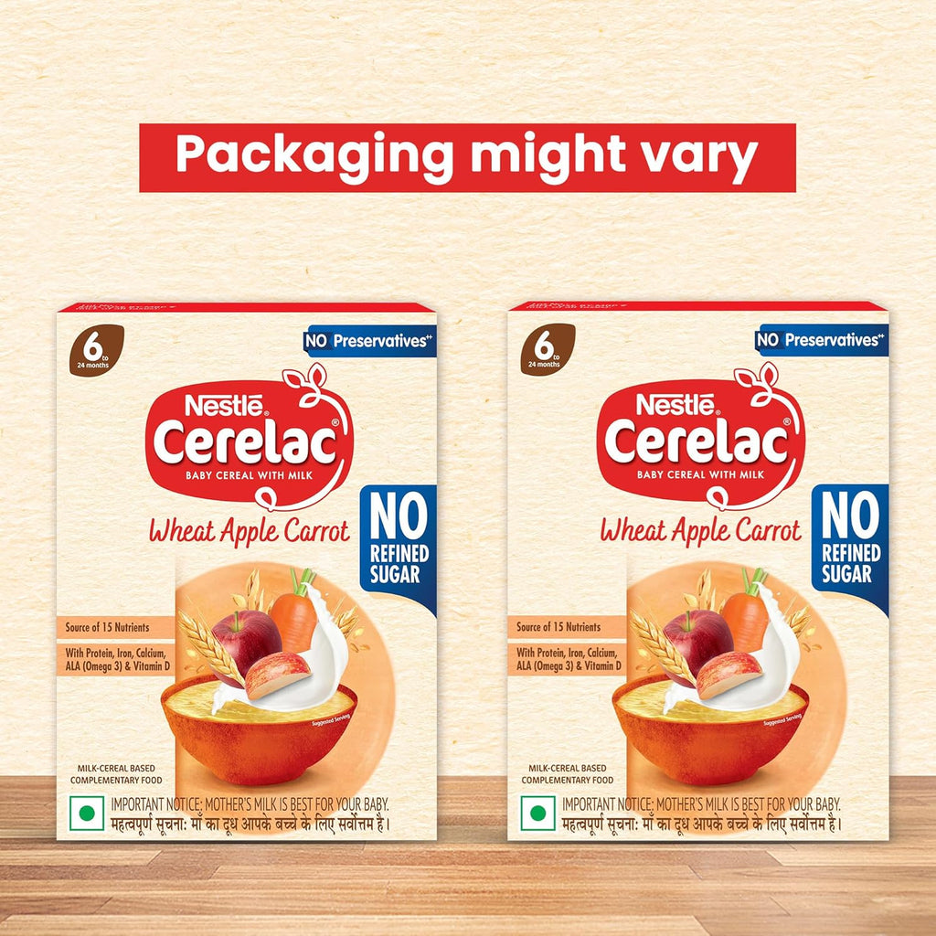 CERELAC Baby Food Cereal | No Refined Sugar | No Preservatives | Wheat Apple Carrot for 6 to 24 Months Baby | With Omega 3 Iron Protein Calcium Vit D | Instant Cereal | 300g (Weight may vary upwards)