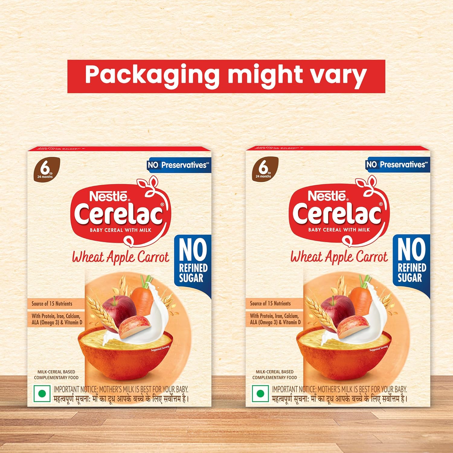 CERELAC Baby Food Cereal | No Refined Sugar | No Preservatives | Wheat Apple Carrot for 6 to 24 Months Baby | With Omega 3 Iron Protein Calcium Vit D | Instant Cereal | 300g (Weight may vary upwards)