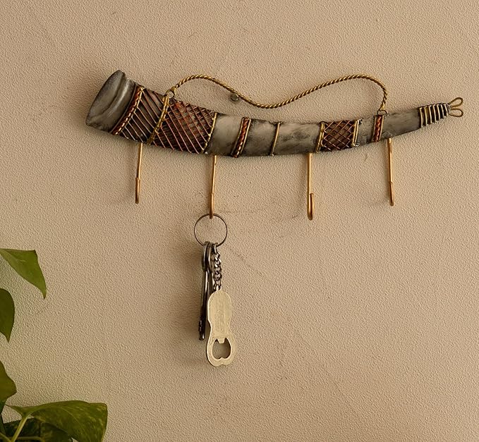Ecraftindia Long Shehnai Wrought Iron Key Holder | Red and Brown