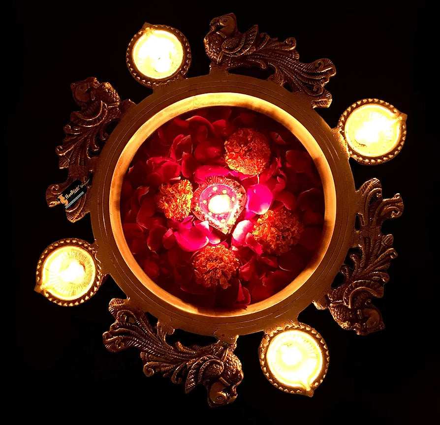 Two Moustaches Brass Peacock Design Urli with 4 Diyas