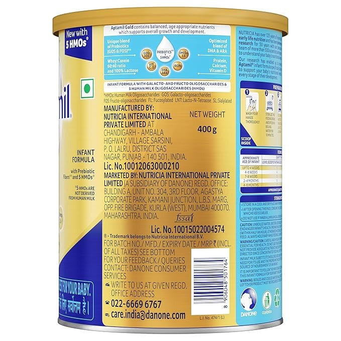 Aptamil Gold Infant Formula Milk Powder for Babies - Stage 1 (Upto 6 months) Tin - 400 gms