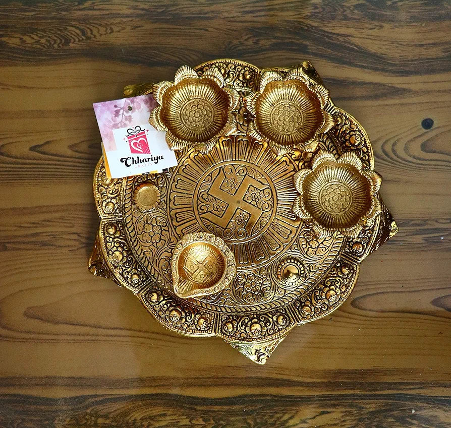 Chhariya Crafts Metal Pooja Thali with Diya for Home and Office Temple Puja Item