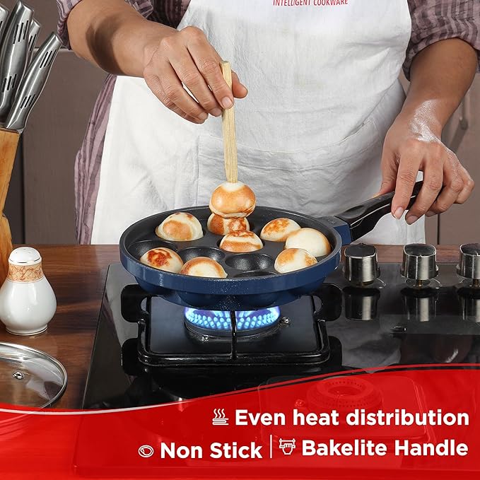 Vinod Zest Aluminium Non Stick Paniyarakal With Glass Lid - 12 Cavities, 20.5Cm | 3Mm Thick | 3 Layer Coating