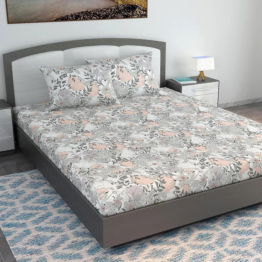 Divine Casa 144 TC 100% Cotton King Bedsheet with 2 Pillow Covers Floral Pattern Colour Blush Grey