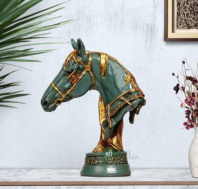 Indicast 12" Inch Handmade Horse Head Statue Stone Finish Animal Figurines Gifts Antique Design | Green