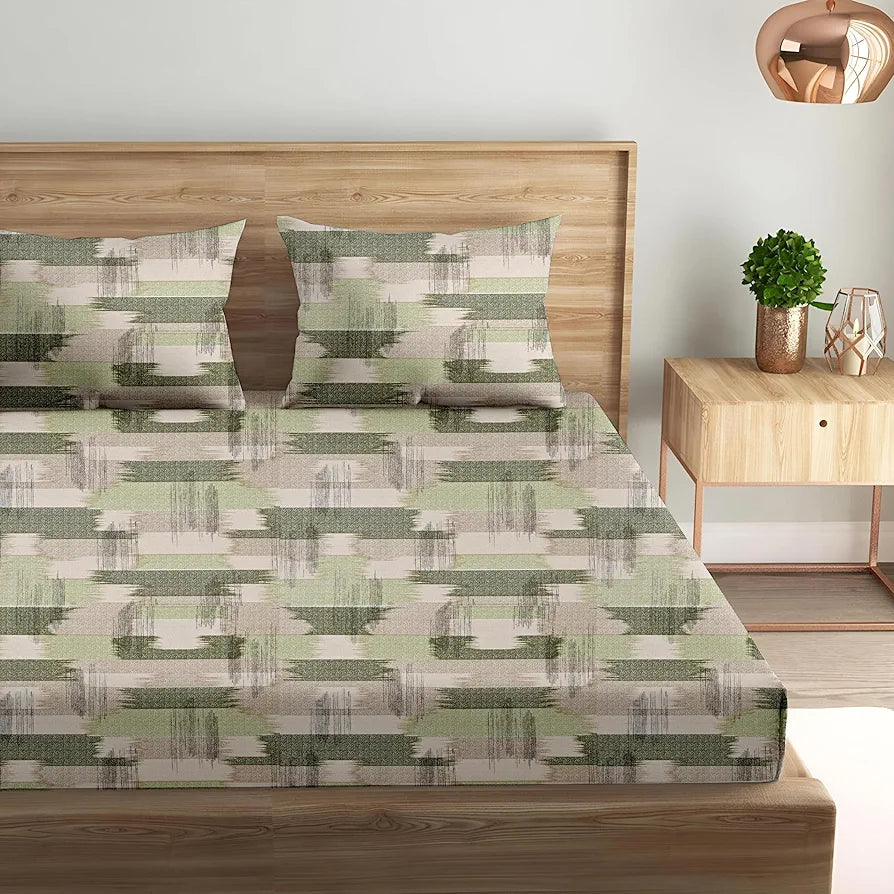 Trance Home Linen 100% Cotton 180 TC Bedsheet Queen Size Printed Fitted Bedspread with 2 Pillow Covers Colour Echo Green