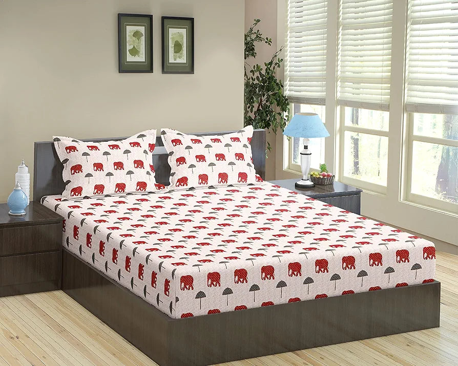Trance Home Linen 180 TC 100% Cotton 78"x60" Standard Queen Size Elastic Fitted Bedsheet Printed Queen Bed Size with 2 Pillow Covers Colour Ambari Red