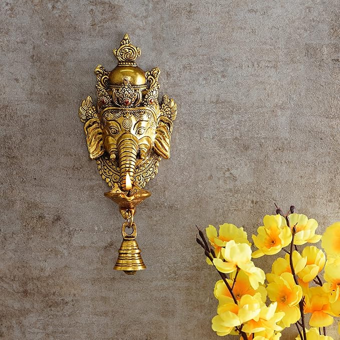 Ecraftindia Golden Metal Lord Ganesha Wall Hanging Diwali Diya With Bell